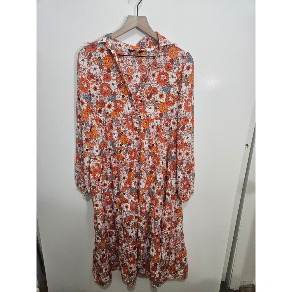 Dokotoo Orange‎ Floral Tiered Midi Dress Long Sleeve Retro Boho 70s Style XL